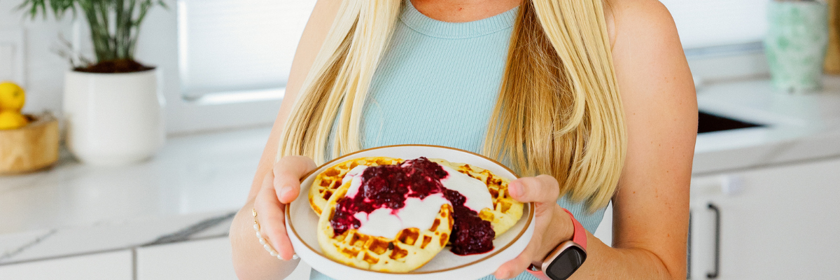 Autumn Bates Holding Protein Waffles Recipe from Meal Plan