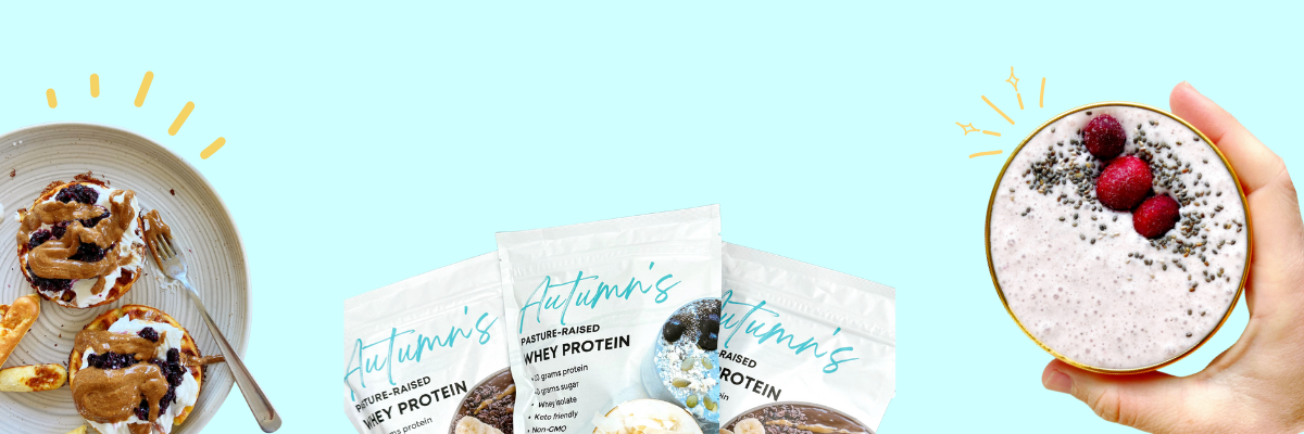Protein powder package with a dessert and a hand holding a dessert with berries on a light blue background