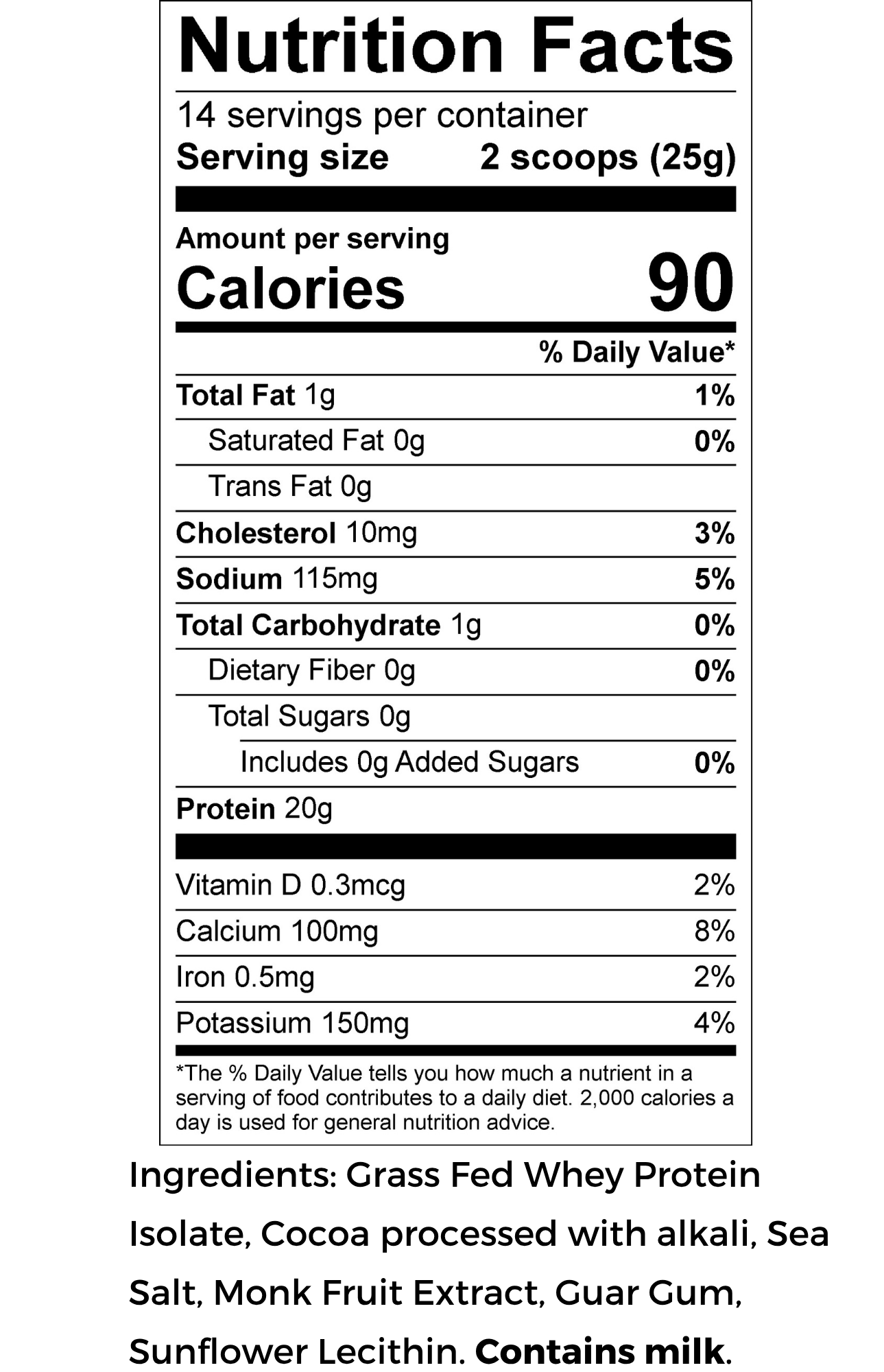 Nutrition facts label for Autumn's Chocolate Whey protein product with serving size, calories, and ingredient list.