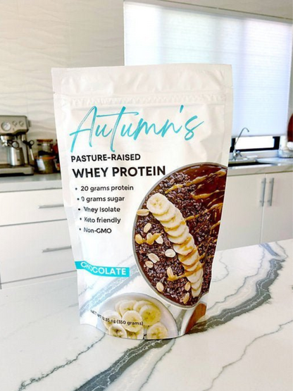 Chocolate Whey Protein Powder Front Autumn Bates