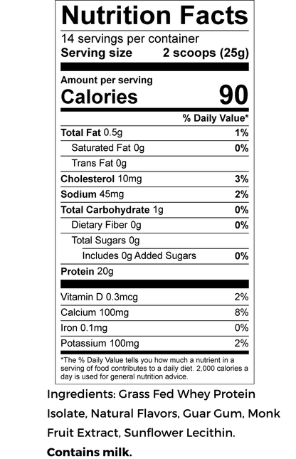 Nutrition facts label for Autumn's Vanilla Whey protein product with serving size, calories, and ingredient list.